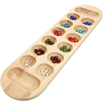 WE Games Classic Mancala Board Game 22 inch Large Natural Wood Board with Assorted Glass Mancala Stones African Stone Game Table Top Décor