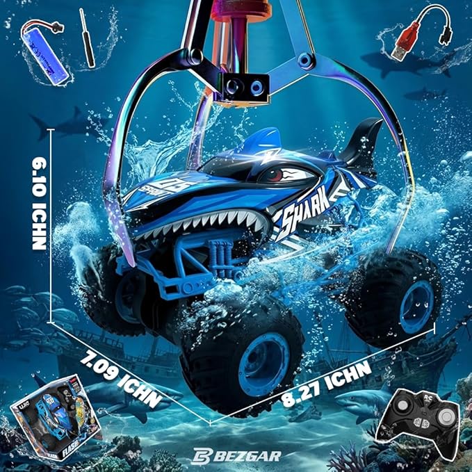 BEZGAR 1:16 Scale Remote Control Monster Truck - Shark Monster Truck Toys with 360° Spins and Drifting RC Car with Light and Music Remote Control Car for Boys 4-7 Kids Christmas Birthday Gifts