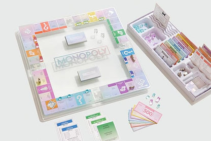 WS Game Company Monopoly Aura Edition Iridescent Tempered Glass Board Crystal-Clear Acrylic Houses Metallic Tokens Foil Cards &amp Tray Family Board Games for 2-6 Players Ages 8+