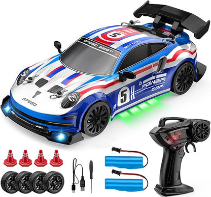 1:24 Scale RC Drift Car 4WD 2.4GHz High Speed Racing Sport Toy Car with LED Lights Racing and Drift Wheels (E80-Blue)