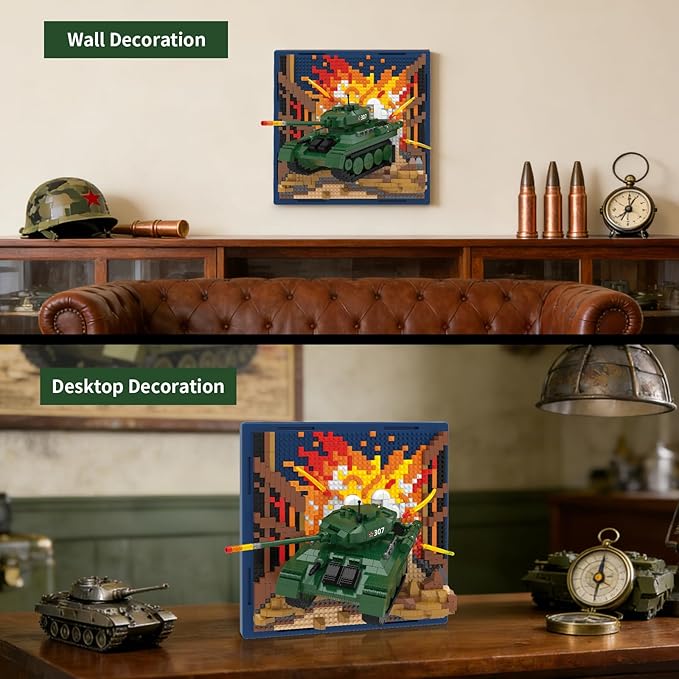Military Tank 3D Wall Art Micro Mini Building Blocks Set WW2 T-34 Tank Collection Display Model &amp Wall Decor No Compatible with Lego Great Army Vehicle Toy Gift for Adults Teens 14+ (1430 PCS)
