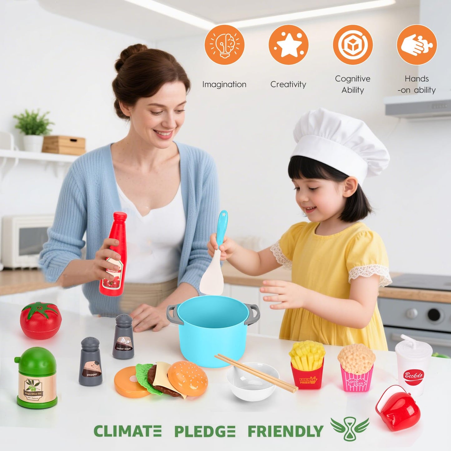 130Pcs Kitchen Playset, Toddler Pretend Cooking Play Pots, Pans, Utensils Cookware, Daily Food Fruit Veges, Shopping Storage Basket, Dessert, Prop Money, Learning Gift for Child (Turquoise)