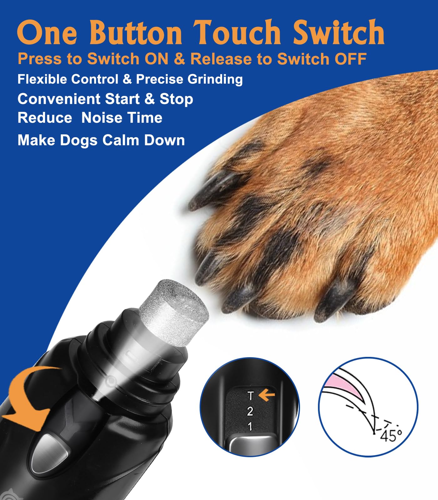 Petsaunter Dog Nail Grinder, 3 Grinding Heads, 2-Speed, LED Light, Touch-Switch, Quiet, Low-Vibration, Dog Nail Trimmers for Large, Medium, Small Dogs & Cats with Hard/Thick Nails (U-Dark Blue)