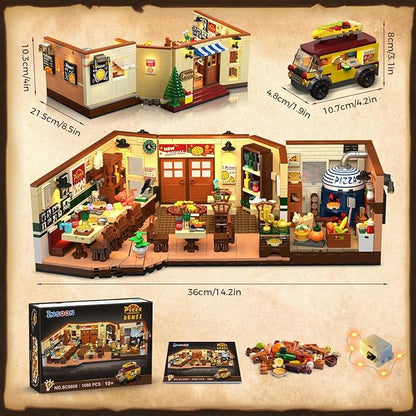 City Street Pizza Restaurant Building Set with Light 1098PCS Pizzeria House Architecture Model with Retro Pizza Van Home Decor Construction Building Block Gift for Adults Teens Boys Girls 10+