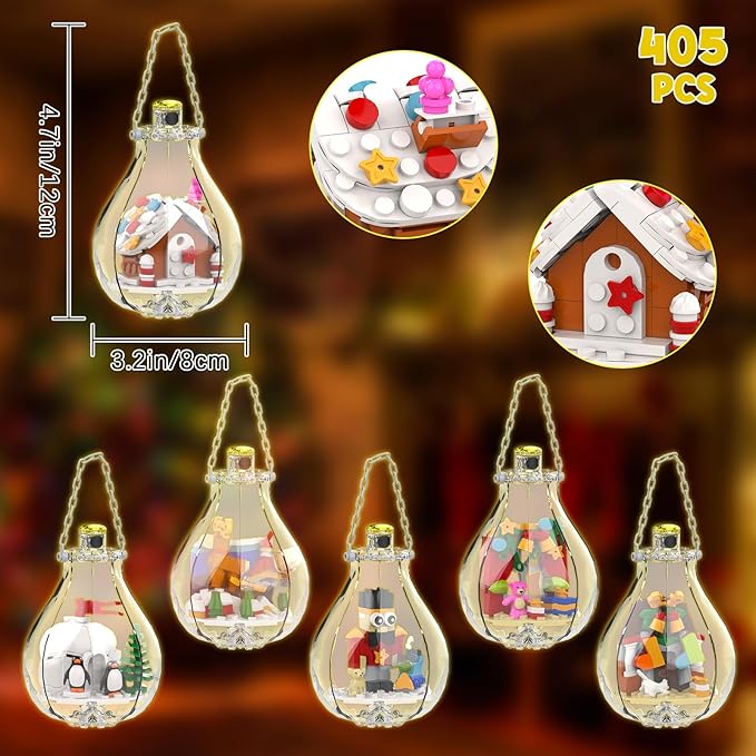 6 Pack Christmas Tree Bulb Ornament with Light Building Set Including Gingerbread House Penguin House Christmas House Fireplace Nutcracker Reindeer Stocking Stuffer Toy Gifts for Kids.(405PCS)