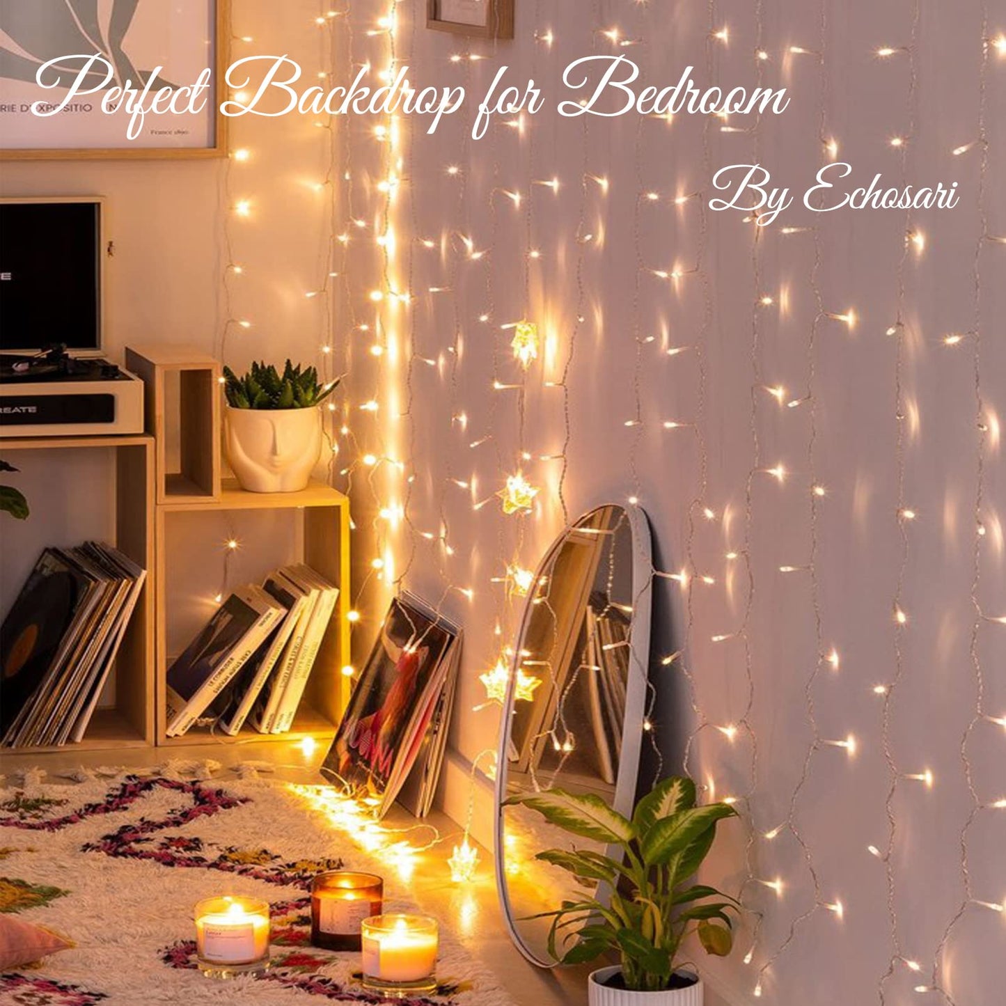 echosari 300 LED Curtain Lights Battery Operated, 9.8ft×9.8ft Hanging Lights with Remote Timer Fairy Curtain Lights for Bedroom Patio Wedding Backdrop Party Decór (Warm White)