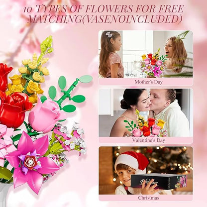 Flowers Bouquet Building Set Pink Roses Flores Set for Adults 765 PCS Botanical Collection Building Block Toy Home Decor Gifts for Valentine's Day Birthday Artificial Flowers for Women Kids 6+