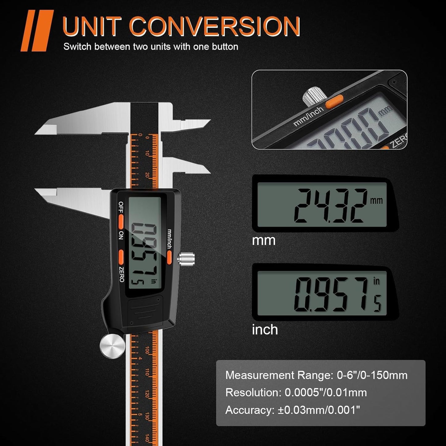 HARDELL Digital Caliper 6 Inch with Large LCD Screen, Calipers Measuring Tool with Auto-Off Feature, Inch/Millimeter Conversion, Electronic Vernier Caliper Micrometer for Jewelers/Woodworkers/DIY