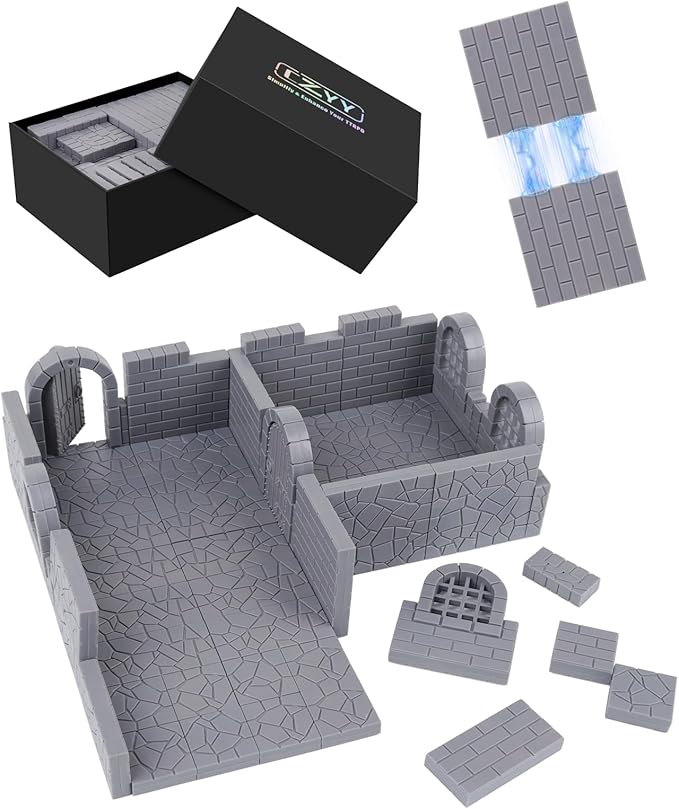 CZYY Magnetic Dungeon Tiles Set – 58 PCS Modular &amp Paintable Terrain Kit with Double-Sided Textured Floors Doors &amp Windows – Build 3D Battle Maps for DND Wargames &amp Tabletop RPGs (Basic