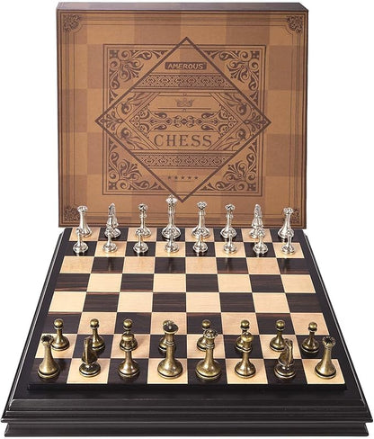AMEROUS 12.5 inches Wooden Chess Set with Metal Chess PiecesClassic Board Game w/ 2.5'' King/Storage for Chessmen/Instructions Chess Sets for Adults Kids Beginner
