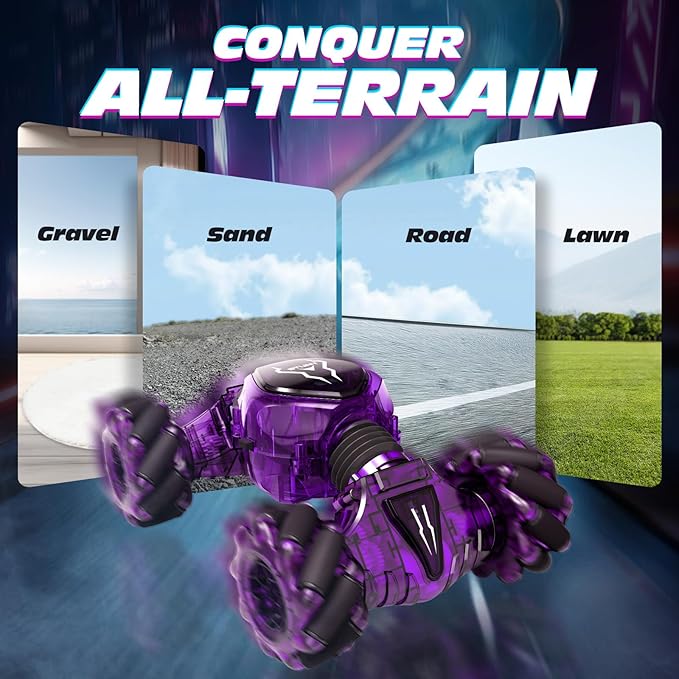 Tecnock Remote Control Car for Boys Girls 2.4GHz 4WD Gesture Sensing RC Stunt Car Toys - 360° Rotating Double Sided Hand Controlled RC Cars with LED Lights Gifts for Kids Ages 6-8 8-12