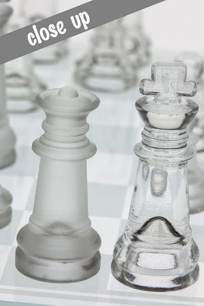Gamie Premium Glass Chess Set 10 Inch - Elegant Design - Durable Build - 32 Frosted and Clear Pieces - Felted Bottoms - Easy to Carry - Stable &amp Fully Functional for Chess Lovers