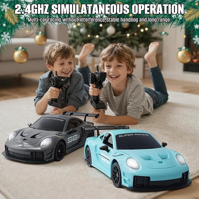 RC Drift Car 1:24 4WD Remote Control Cars Vehicle with LED Light2.4GHz 20KM/H High Speed RC Cars with Two Batteries &amp Drifting Tires Racing Sport Toy for Adults Boys Girls Kids Blue