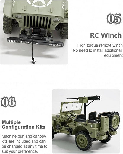 RC Crawler 1:14 Scale Willys Military Jeep 2.4Ghz 4WD Off Road Rock Crawler with 45° Climb Alloy Chassis/Drivetrain Dual-Speed Transmission Functional Winch LED for Adult (Green)