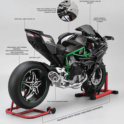 1/6 Scale H2R Alloy Diecast Motorcycle with Sound &amp Light Features High Gloss Spray Finish Rubber Tires Premium Collectible Gift (Black H2R)