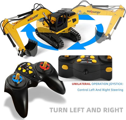 Remote Control Excavator for Boys Metal Bucket Construction Vehicle - Includes 2 Rechargeable Batteries for 40+ Mins Play 1/24 Scale Realistic Sound &amp Lights STEM Gift for Kids 3-12