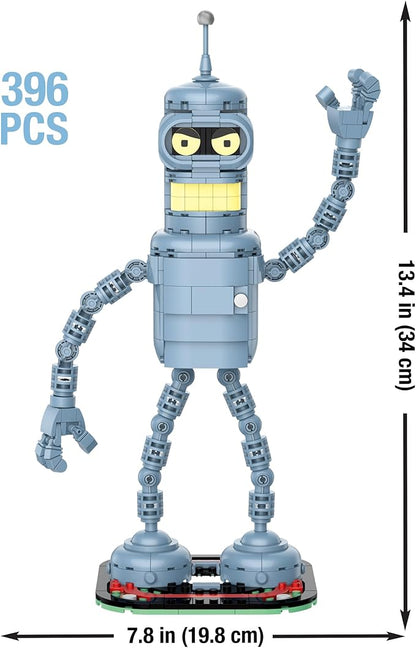 Brickcraft Futurama Bender Brick Building Kit | 396-Piece Posable Robot Figure with Gold Chain &amp Drinks | Sci-Fi Collectible Display Model Holiday for Adults Teens &amp Animated TV Fans