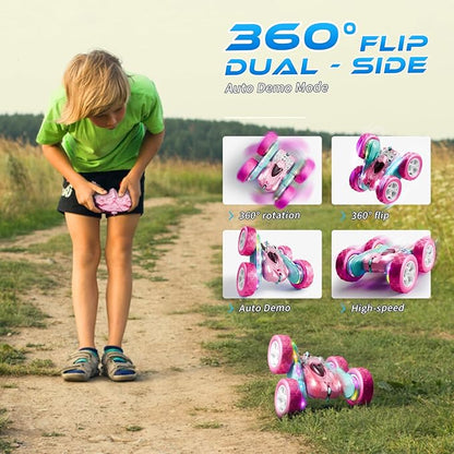 RC Car Pink 4WD Remote Control Car 360° Flip Double‑Sided LED Light Bar &amp Quick‑Swap USB‑C Modular Battery 2.4 GHz No‑Interference Popular Outdoor Beach Toy Popular Gift for Girls Ages 6‑12