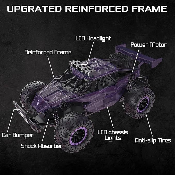 1:16 Scale Purple Remote Control Car 20 Km/h High Speed Girls Remote Control Car Monster Vehicle with LED Headlights and Chassis Lights RC Truck for Girls Boys and Adults