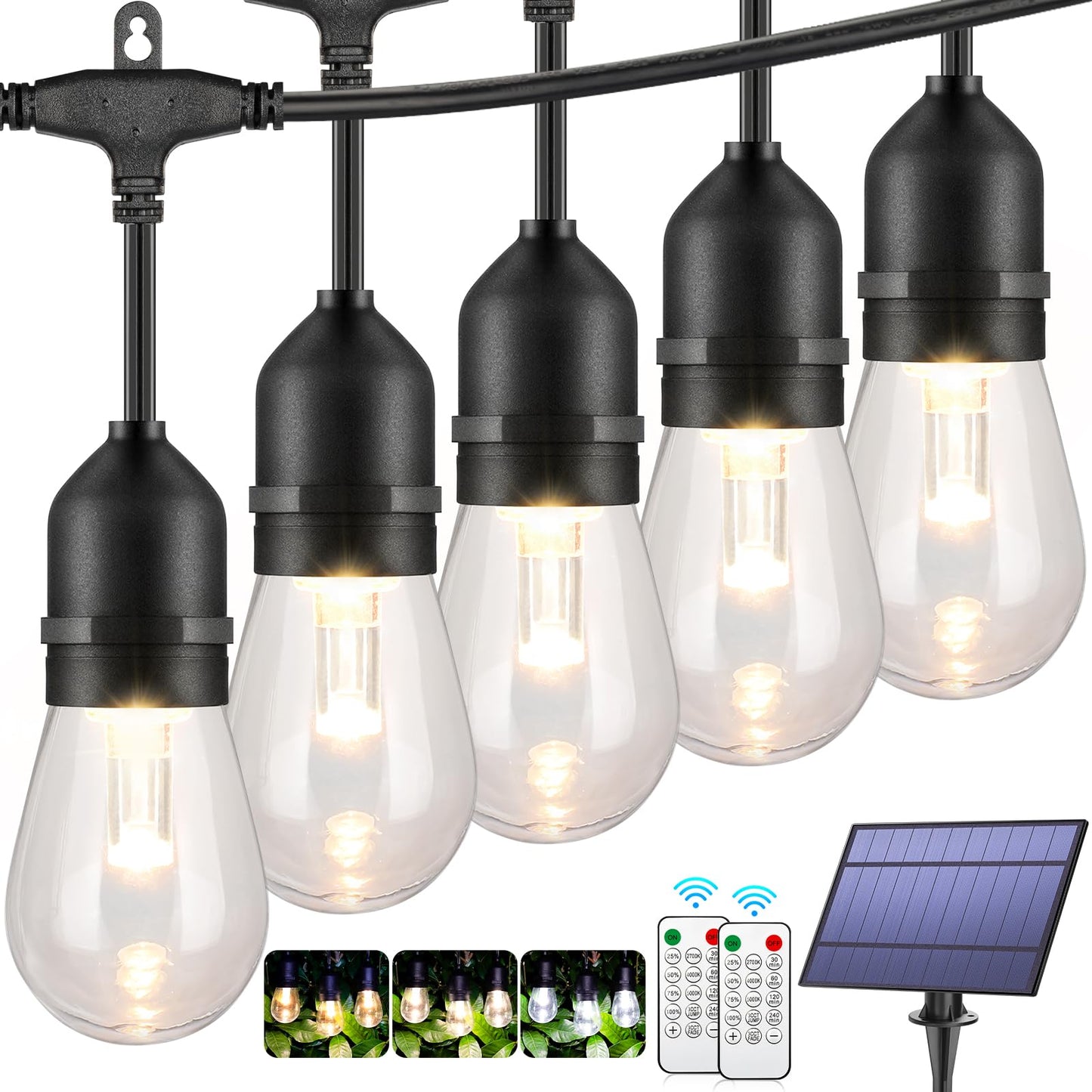 Mlambert 3-Color in 1 Solar String Lights Outdoor Waterproof Dimmable, 48ft Remote LED Patio Lights,15 Hanging Sockets Shatterproof Light for Backyard