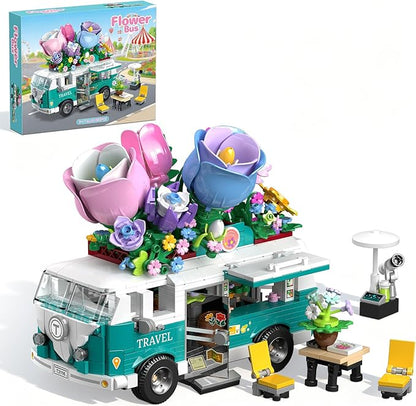 Flower Car Building Block Set City Camper Van Building Set Botanical Collection Flowers Vehicles Blocks Toys Friends Creative Gift for Boys Girls 6-12 Years Old (862 pcs)