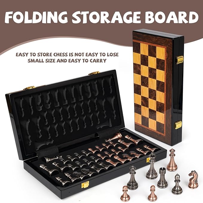 Luxury Metal Chess Set with 15 Inch Wooden Chess Board | Weighted Metal Chess Pieces | 2 Extra Queens | Professional &amp Tournament Style Chess Set for Adults | Elegant Game Room &amp Office Decor