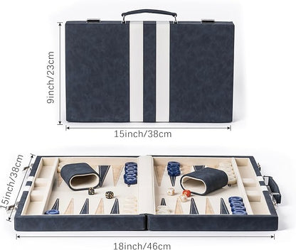 15inch Backgammon Sets for Adults Classic Board Game with Folding Leather Backgammon Case Faux Leather Exterior and Velvet Interior Portable Travel Game Set (Blue)