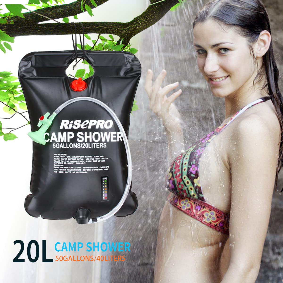 RISEPRO Solar Shower Bag, 5 gallons/20L Solar Heating Camping Shower Bag Temperature Indicator Hot Water 45°C Hiking Climbing C1004