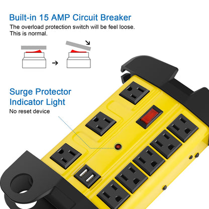 Heavy Duty Power Strip with USB, Workshop 8 Outlet Surge Protector 2700 Joules, Industrial Metal 15Amp Power Strip, 6FT Extension Cord and Wide Spaced. Yellow