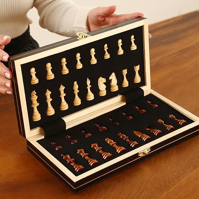 LargeDeluxe 17-Inch Wooden Chess Set - Perfect for Adults and Beginners Handcrafted Unique Folding Design Board Games