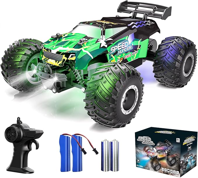 Remote Control Car RC Cars All Terrain Monster Truck Outdoor 2WD Off Road Hobby RC Truck with 2 Rechargeable Batteries and Colorful Light 20Km/h Fast RC Car Toys Gift for Kids Boys