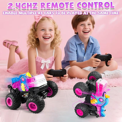 YongnKids Remote Control Car for Girls 2.4Ghz Unicorn Monster Trucks with Light &amp MusicUnicorn Toys for Girls Age 3 4 5 6 7 8 Years 360° Rotating All Terrain RC Stunt Car Rechargeable Xmas Gift
