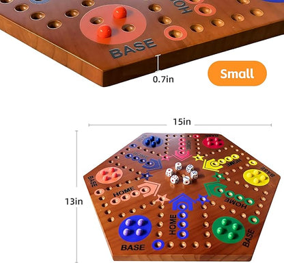 Wooden Board Game Board Game Original Marble Game Double Sided Painted 2 to 6 Player Fast Track Wooden with 6 Colors 24 Marbles 6 Dice for Adults Kids Family(15 INCH Flame)