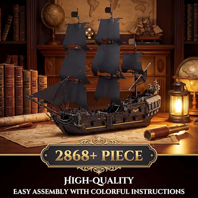 Black Pearl Pirate Ship Model Kit Large Boats Building Set Length 76.3cm with Sailboat Design for Adults Interesting for Enthusiasts 2868pcs