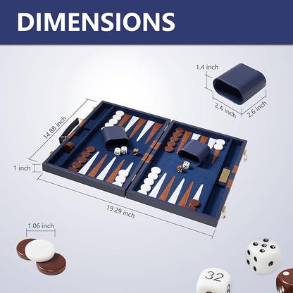 15 inch Backgammon Sets for Adults - Classic Board Game with Premium Sea Blue Leather Case - Travel Backgammon Set for 2 Players - Portable Strategy Board Games for Gifts &amp Family Fun