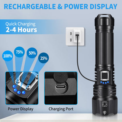 Rechargeable Flashlights High Lumens, 90,000 Lumen Brightest Led Flashlight with 5 Modes & 12H Long Runtime, Powerful Waterproof Handheld Flash Light, Super Bright Flashlight for Home, Camping