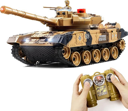 1/24 Remote Control Tank 2.4Ghz Russian T-90 RC Tank &amp 330° Turret Rotation 2× Rechargeable Batteries Army Toys for Boys Infrared Battle Toy with Lights Smoke and Sound Effect Gift for 4+ Kids