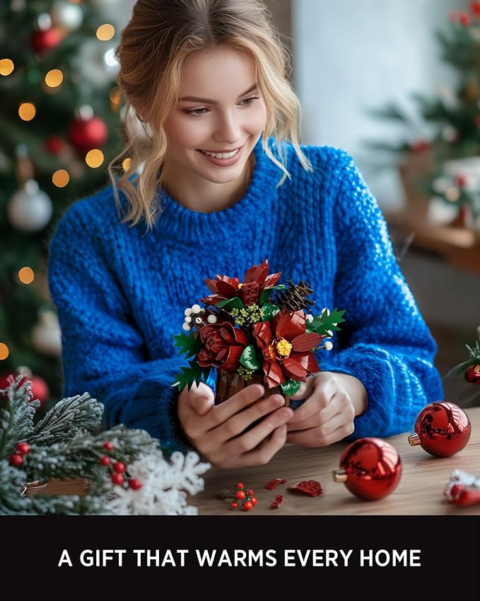 Nifeliz Poinsettia Flowers Building Set Artificial Poinsettia Floral Arrangement for Adults Tabletop Flower Decor for Home or Desk Display (767 PCS NF10347)