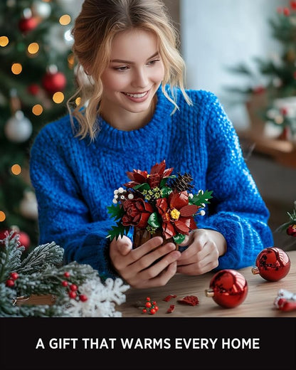 Nifeliz Poinsettia Flowers Building Set Artificial Poinsettia Floral Arrangement for Adults Tabletop Flower Decor for Home or Desk Display (767 PCS NF10347)