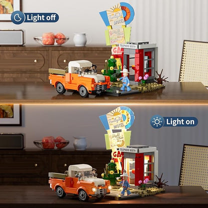 City Sunset-Stopover Lighting-Building-Bricks Set - Road Trip Car Station Modular Collection LED Light Building Set 455 Pcs for Adults Teen and Travelling Enthusiasts