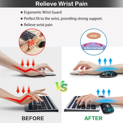 Desk Mat, Large Gaming Mouse Pad with Wrist Rest, 4in1 XXL Mousepad+Keyboard Wrist Rest+Mouse Pad Wrist Support+Cup Coaster Set Ergonomic Floral Computer Desk Arm Wrist for Decor Home Office Women