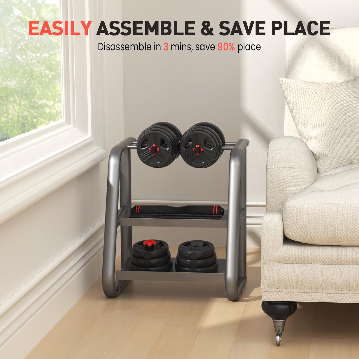 UKEEP Adjustable Dumbbells Sets, 20/30/40/55/60/70/80/90lbs Free Weights Dumbbells Set of Convertible 2 or 3 in 1 Dumbbells Set Used as Barbell, Kettlebells, A Pair of Lightweight for Home Gym