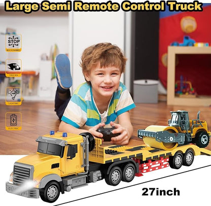 Remote Control Semi Truck with Trailer -24 Inch RC Semi-Trailer Engineering Tractor with Road Roller Toys1:24 Truck with LED Lights &amp Music Great Gift for Boys Girls
