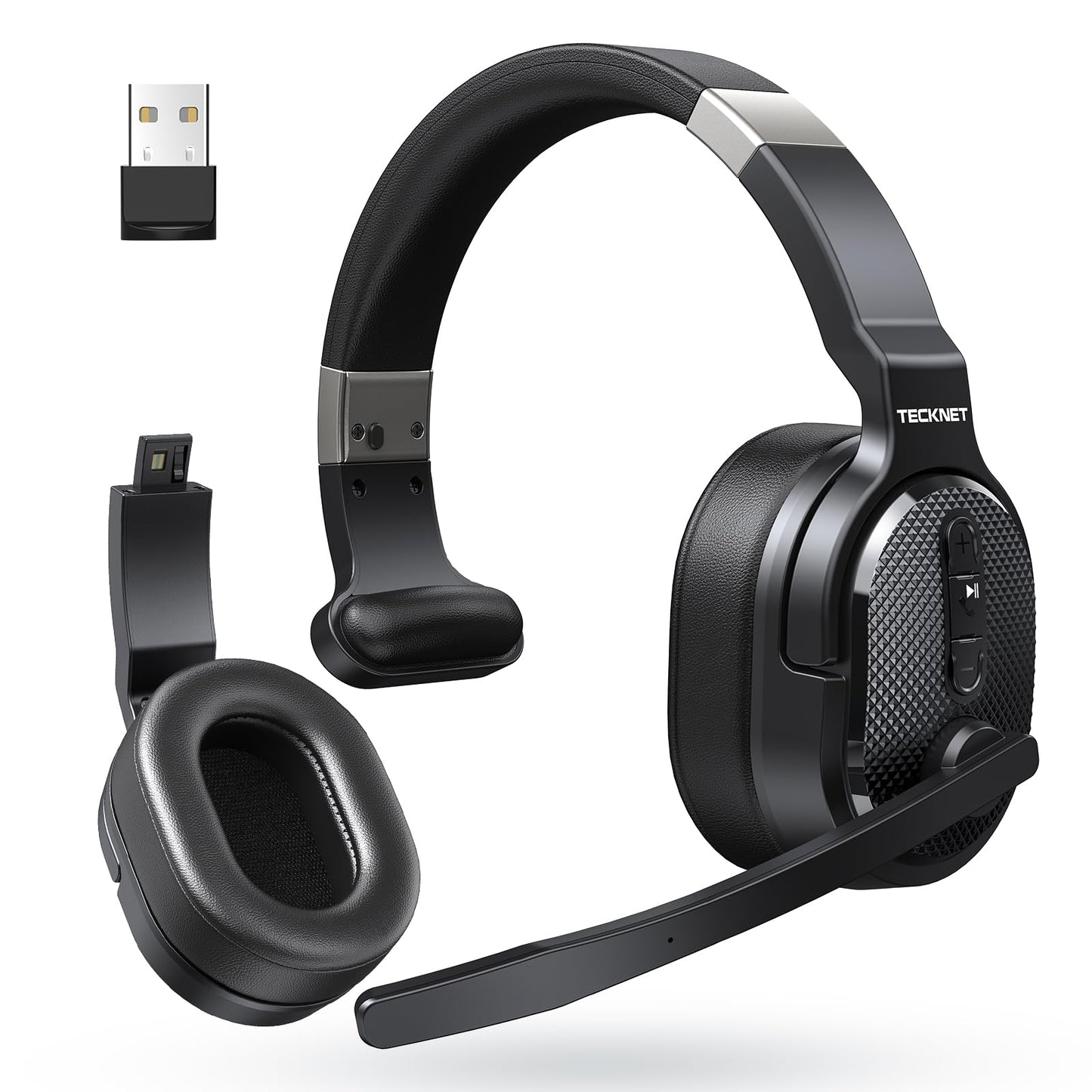 TECKNET Bluetooth Trucker Headset, Single and Dual Ear Wireless Headset with Mic for Work Noise Cancelling, 50Hrs 3 EQ Music Modes Trucker Bluetooth Headphones for PC, Drivers, Office, Call Center