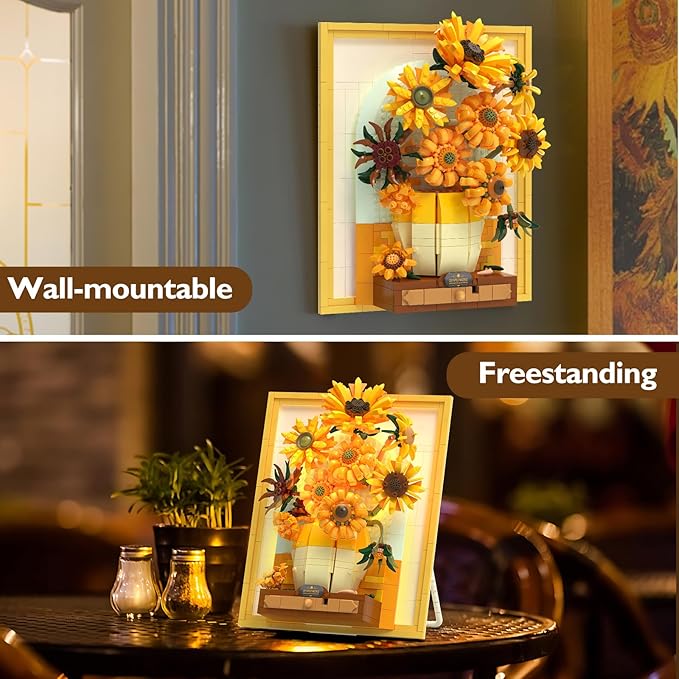 JMBricklayer Flowers Sunflower Building Sets for Adult with Lights 70004 Van Gogh Wall Art Crafts Ideas Flower Bouquet Painting Frame Room Decor Valentine’s Day Birthday Gifts for Women Girl