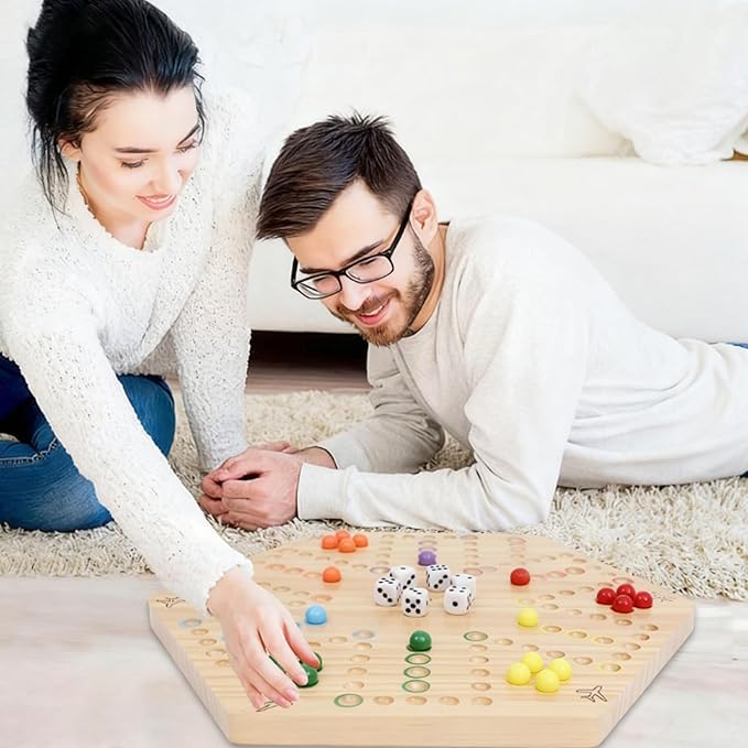 HOROW Wahoo Board Game Wooden Original Board Game Classic 2 Side Painted Fast Track Game for 4 Player and 6 Player with 30 Marbles6 Dices for Family Game Night(6largeLog)