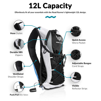 Road Runner Hydration Backpack – Lightweight Water Backpack with 2L Bladder - 12L Hydration Pack for Running, Hiking, Cycling & Outdoor Adventures