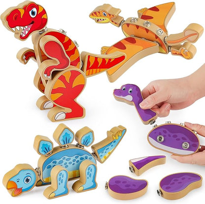 Coogam Dinosaur Snap Together Building Toys Wooden Take Apart Dinosaur Playset STEM Montessori Educational Fine Motor Skill Toy Gift for 3 4 5 Years Old Kids