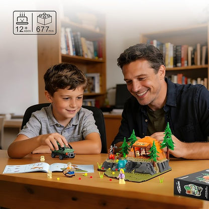 Mountain Camping Building Set with Light Outdoor Adventure Scene Toy with Camp Tent Camper Van Campfirre Creative Home Decor &amp Display Xmas Birthday Gift for Adults Teens Camping Lovers 677