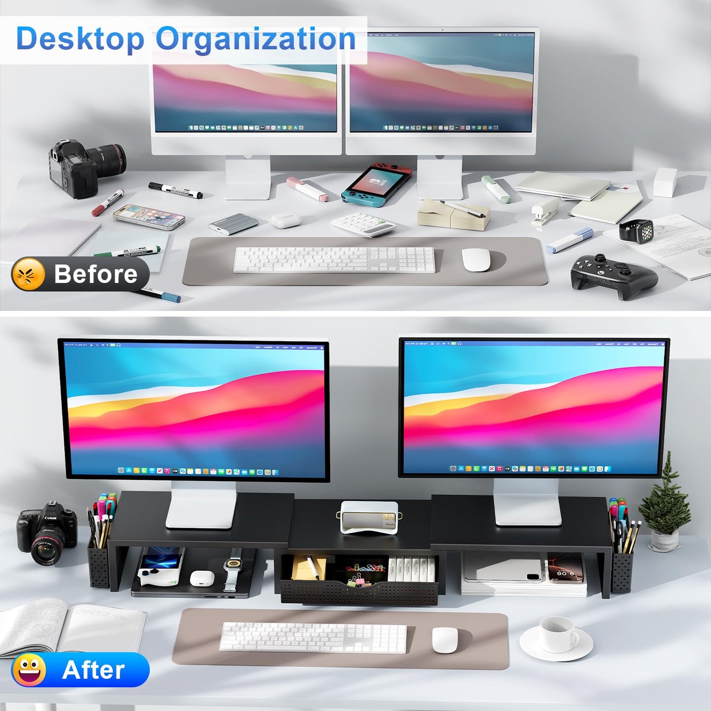 gianotter Dual Monitor Stand Riser, Desk Organizer With Drawer and 2 Pen Holders, Computer Monitor Stand, Desk Shelf for Top of Desk, Balck